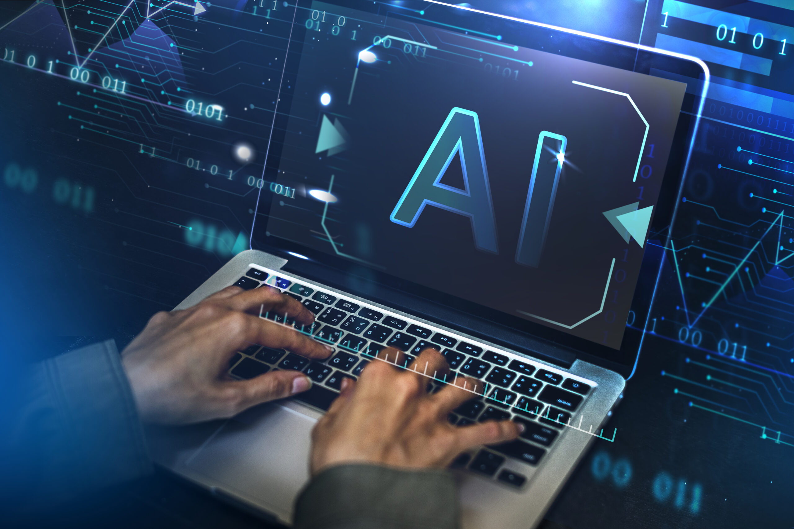 AI training & governance: hands typing on a laptop with an AI graphic on screen