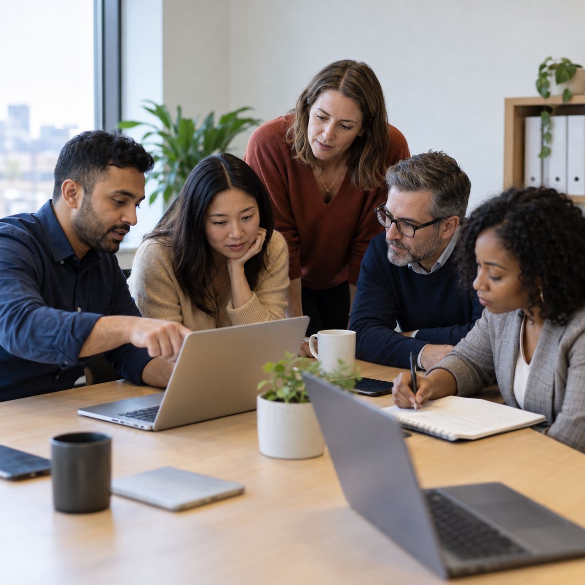AI training for teams: a group learning together on laptops in a small-business office