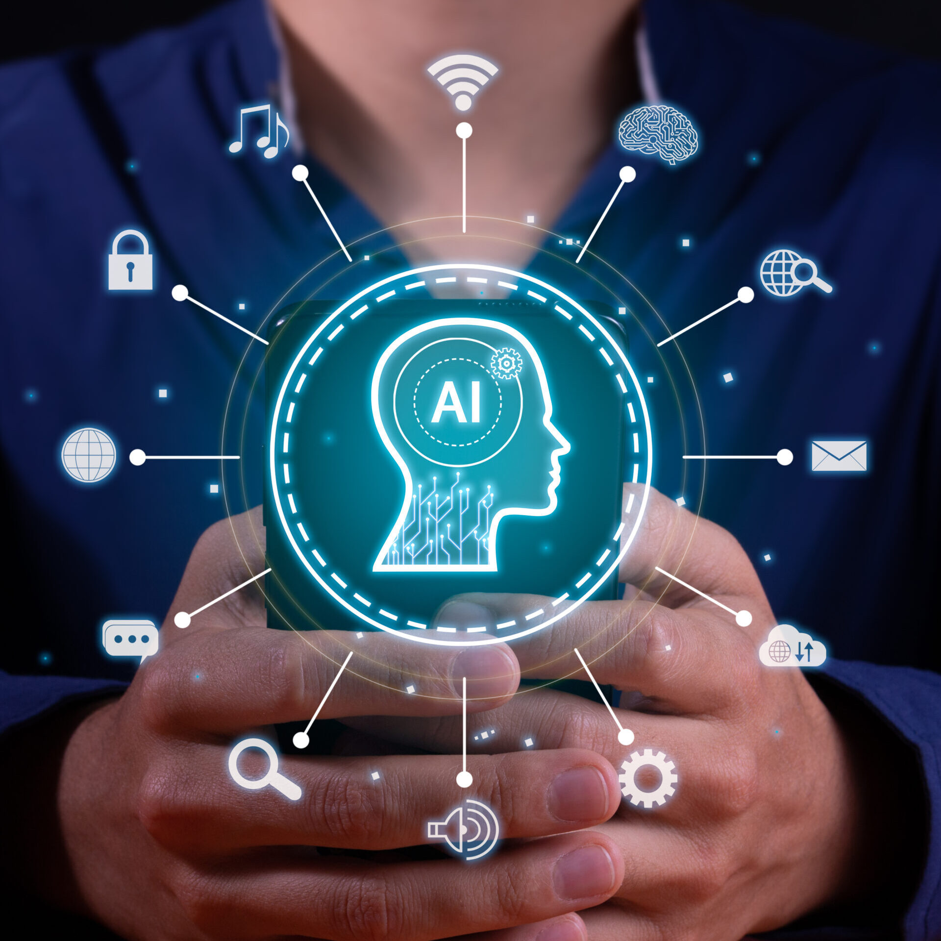 AI consulting concept: hands holding a phone with an AI icon linked to everyday work tools
